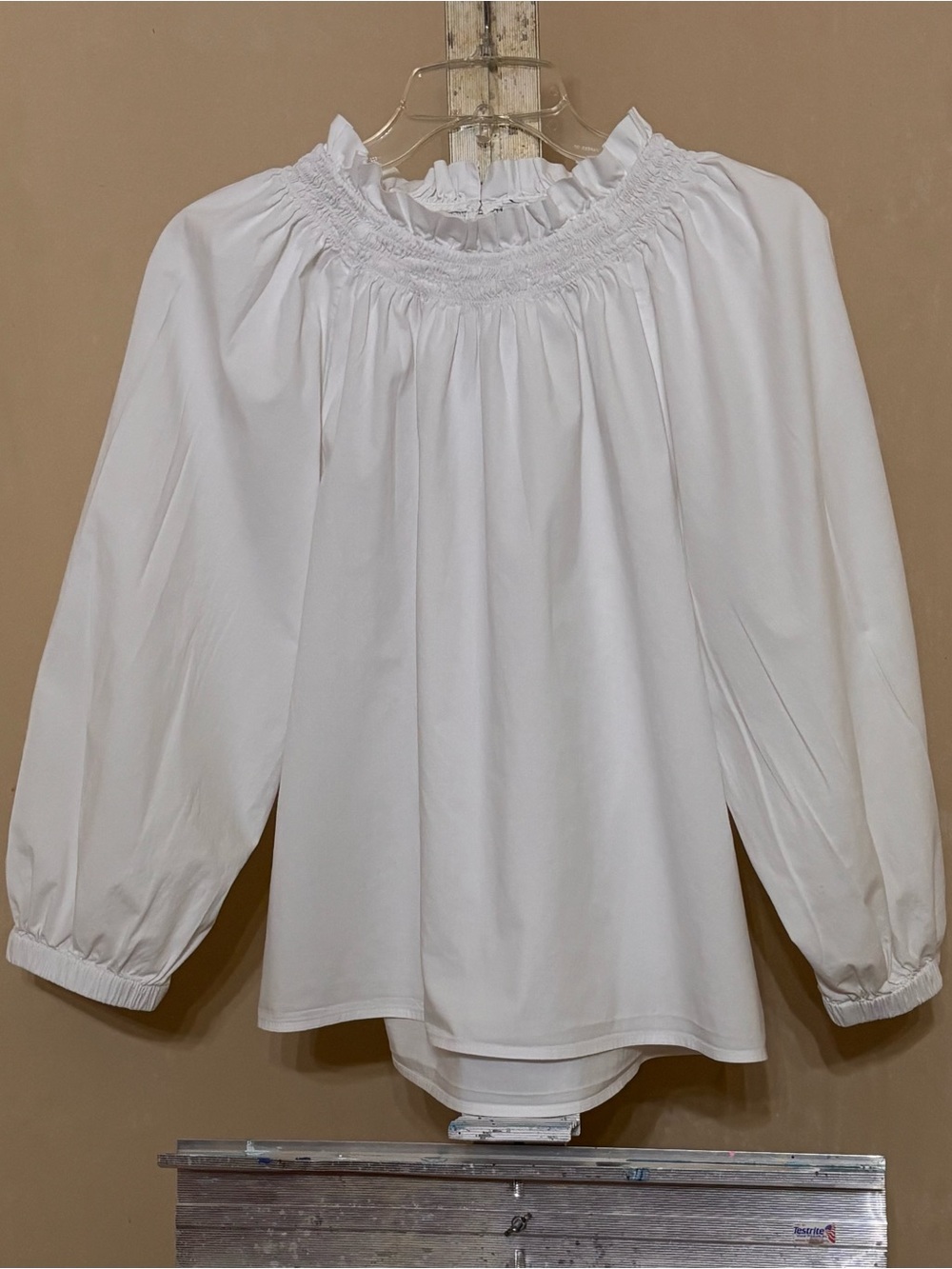 J. Crew White Smocked Ruffle Neck Blouse Sz Large
